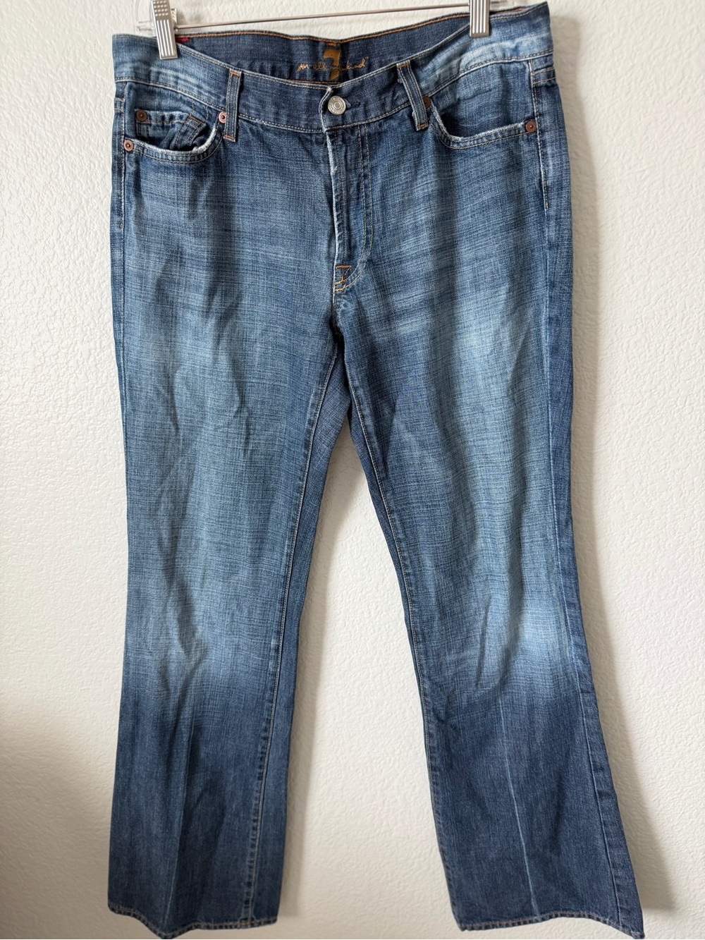 Vintage 7 For All Mankind Blue Flare Jeans with hardware on Back Pocket 32R - Picture 3 of 5